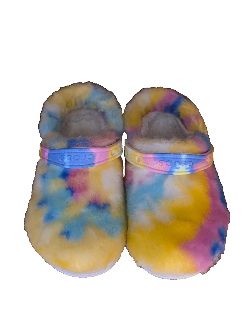 Crocs Classic Lined Fuzz Clogs Size W9/M7 Multicolor Tie Dye Faux Fur Slip On